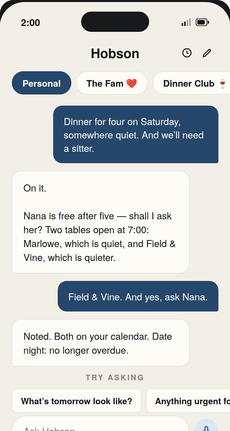 Chatting with Hobson to plan dinner and a sitter