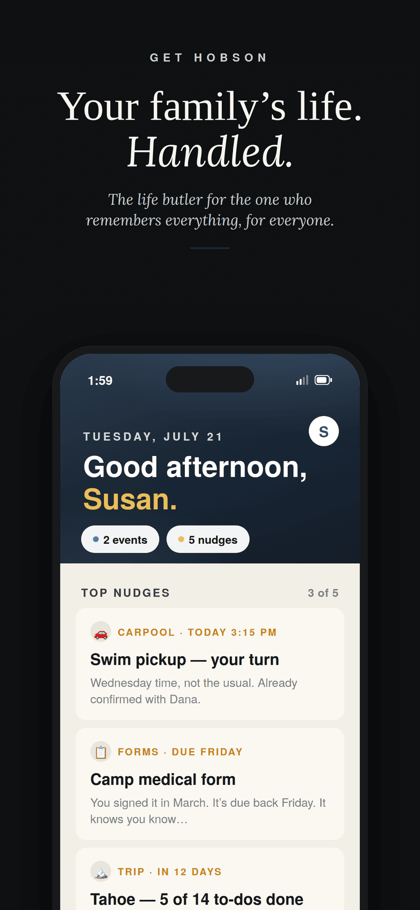 Your family's life, handled — the Hobson home screen
